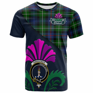 Scottish Kirkpatrick Clan Crest Tartan T-Shirt - Scotland Thistle Style Front Side Tartan Plaid