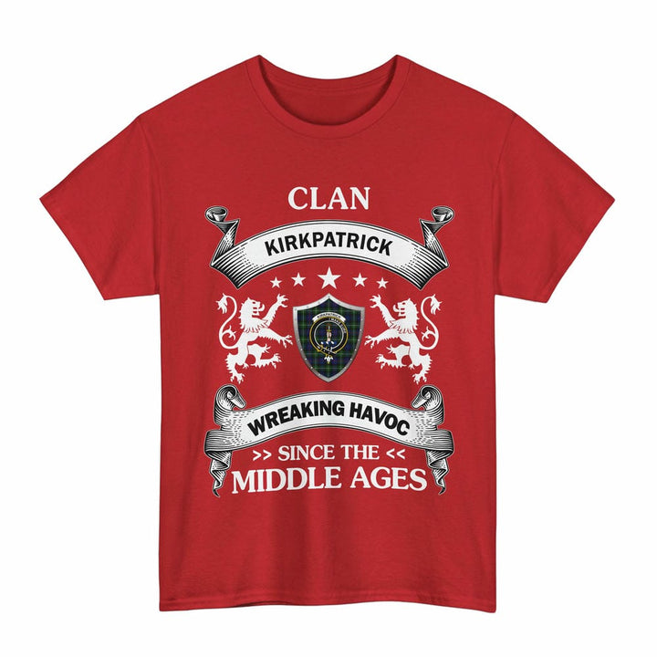 Scottish Kirkpatrick Clan Crest Tartan T-Shirt Wreaking Havoc Design Tartan Plaid Red Color