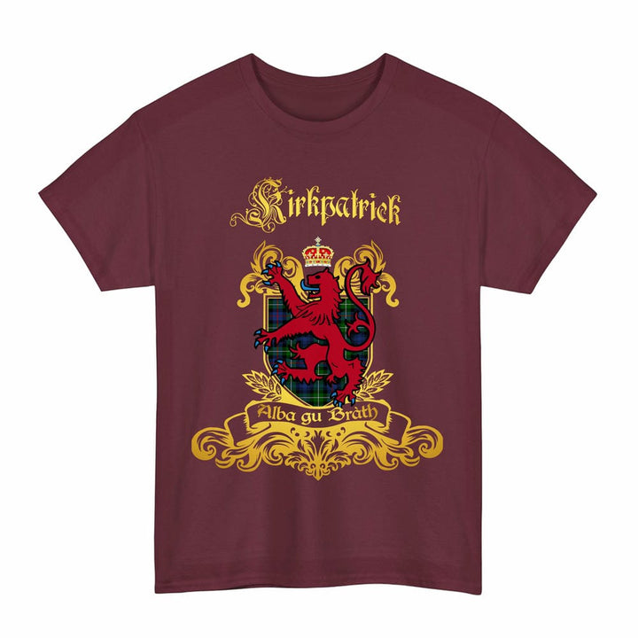 Scottish Kirkpatrick Clan Tartan Lion Rampant of Scotland T-Shirt Tartan Plaid Maroon Color