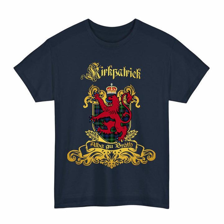 Scottish Kirkpatrick Clan Tartan Lion Rampant of Scotland T-Shirt Tartan Plaid Navy Color