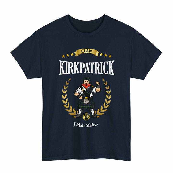 Scottish Kirkpatrick Clan Tartan T-Shirt - Motto Scotsman Tartan Plaid Navy Color