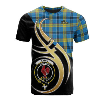 Scottish Laing Clan Crest Tartan T-Shirt Believe in Me Front Side Tartan Plaid
