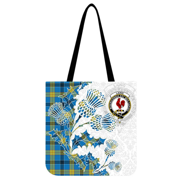 Scottish Laing Clan Crest Tartan Tote Bag - Thistle Flowers Style Tartan Plaid 1