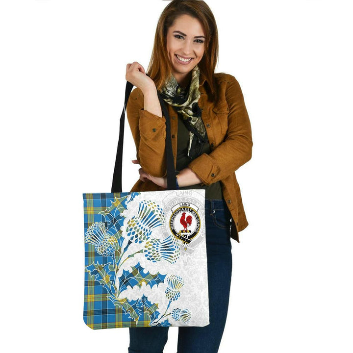 Scottish Laing Clan Crest Tartan Tote Bag - Thistle Flowers Style Tartan Plaid 2
