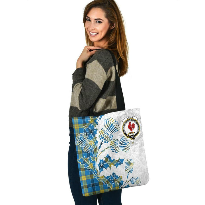 Scottish Laing Clan Crest Tartan Tote Bag - Thistle Flowers Style Tartan Plaid 3