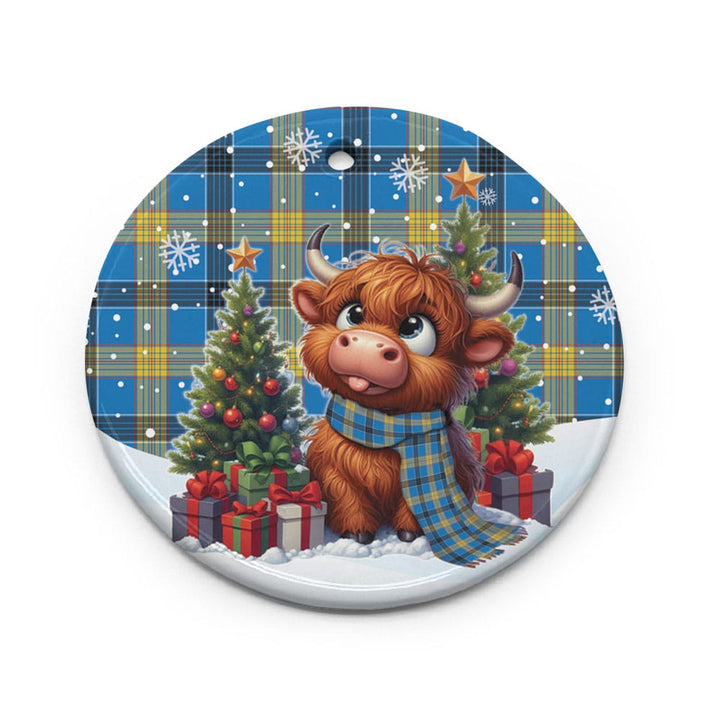 Scottish Laing Clan Tartan Ceramic Ornament Cute Highland Cow Christmas Circle Style Tartan Plaid