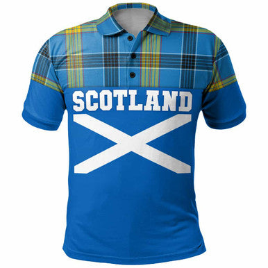 Scottish Laing Clan Tartan Polo Shirt - Lion Rampant of Scotland With Flag Front Side Tartan Plaid