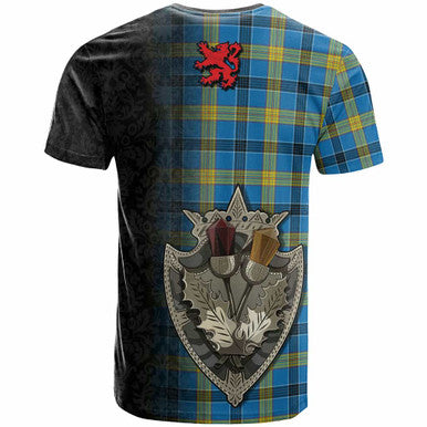 Scottish Laing Clan Tartan T-Shirt - Half Thistle Flowers Celtic Design Back Side Tartan Plaid