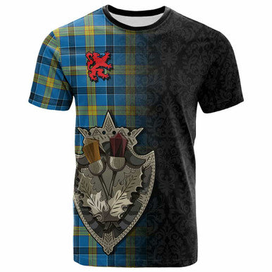 Scottish Laing Clan Tartan T-Shirt - Half Thistle Flowers Celtic Design Front Side Tartan Plaid