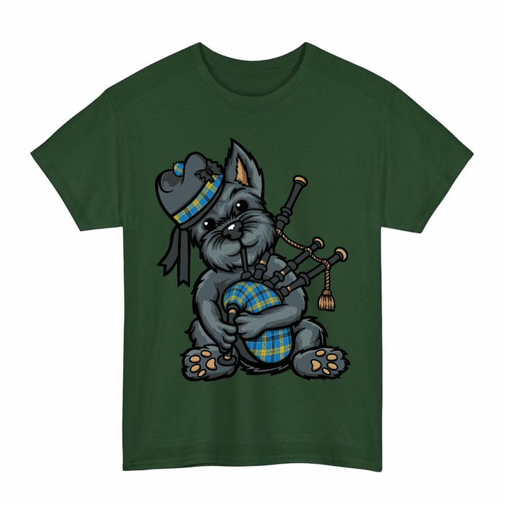 Scottish Laing Clan Tartan Terrier Bagpipes T-Shirt Tartan Plaid Forest Green Color