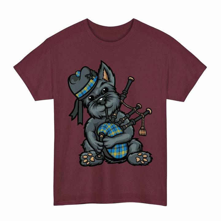 Scottish Laing Clan Tartan Terrier Bagpipes T-Shirt Tartan Plaid Maroon Color