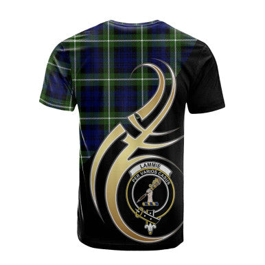 Scottish Lammie Clan Crest Tartan T-Shirt Believe in Me Back Side Tartan Plaid