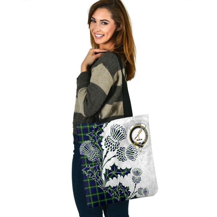 Scottish Lammie Clan Crest Tartan Tote Bag - Thistle Flowers Style Tartan Plaid 3