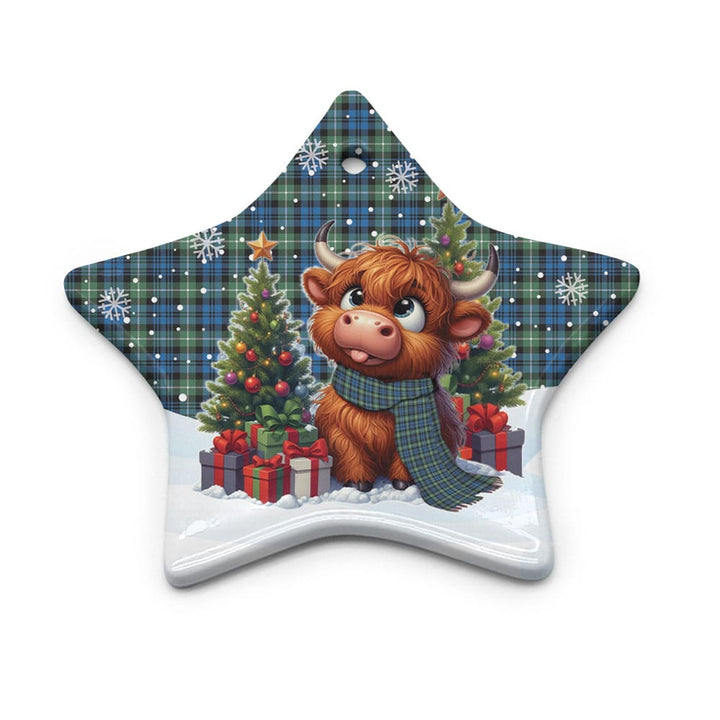 Scottish Lamont Ancient Clan Tartan Ceramic Ornament Cute Highland Cow Christmas Star Style Tartan Plaid