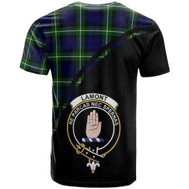 Scottish Lamont Clan Crest Tartan Curve T-Shirt Back Side Tartan Plaid