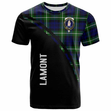 Scottish Lamont Clan Crest Tartan Curve T-Shirt Front Side Tartan Plaid