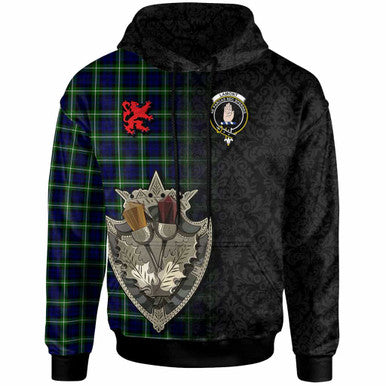 Scottish Lamont Clan Crest Tartan Hoodie - Half Thistle Flowers Celtic Design Front Side Tartan Plaid