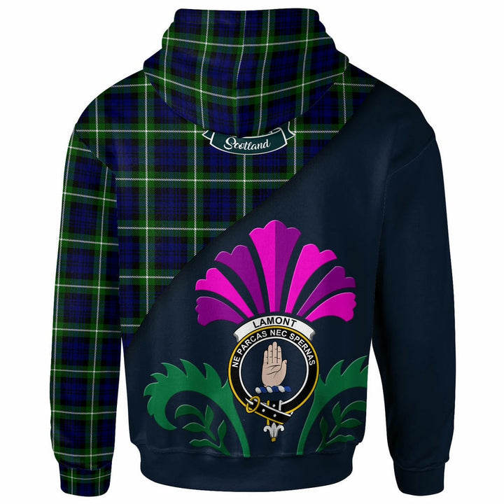Scottish Lamont Clan Crest Tartan Hoodie - Scotland Thistle Style Back Side Tartan Plaid