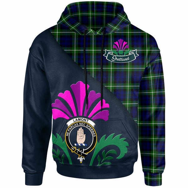 Scottish Lamont Clan Crest Tartan Hoodie - Scotland Thistle Style Front Side Tartan Plaid