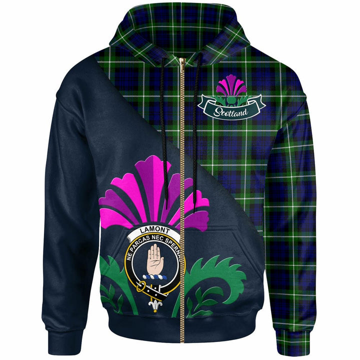 Scottish Lamont Clan Crest Tartan Hoodie - Scotland Thistle Style Zip-up Tartan Plaid