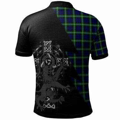Scottish Lamont Clan Crest Tartan Polo Shirt - Lion Rampant Celtic Cross Flash Style Back Side Tartan Plaid