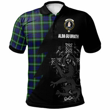 Scottish Lamont Clan Crest Tartan Polo Shirt - Lion Rampant Celtic Cross Flash Style Front Side Tartan Plaid