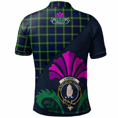 Scottish Lamont Clan Crest Tartan Polo Shirt - Scotland Thistle Style Back Side Tartan Plaid