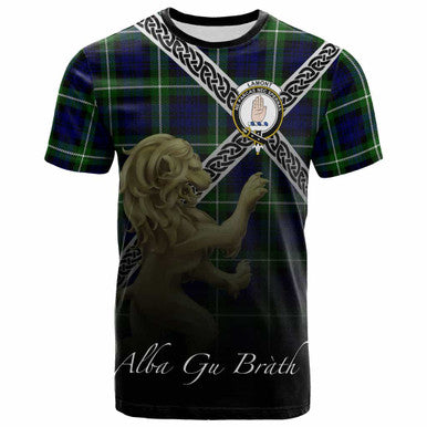 Scottish Lamont Clan Crest Tartan T-Shirt - Celtic With Scotland Lion Front Side Tartan Plaid