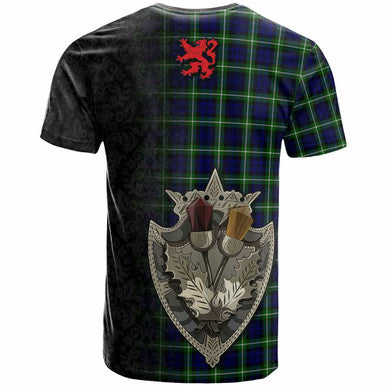 Scottish Lamont Clan Crest Tartan T-Shirt - Half Thistle Flowers Celtic Design Back Side Tartan Plaid