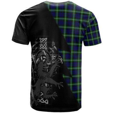 Scottish Lamont Clan Crest Tartan T-Shirt - Lion Rampant Celtic Cross Flash Style Back Side Tartan Plaid