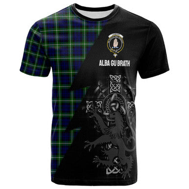 Scottish Lamont Clan Crest Tartan T-Shirt - Lion Rampant Celtic Cross Flash Style Front Side Tartan Plaid