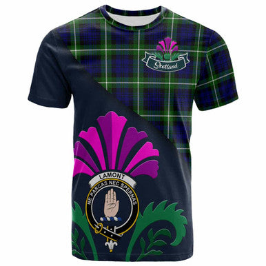 Scottish Lamont Clan Crest Tartan T-Shirt - Scotland Thistle Style Front Side Tartan Plaid