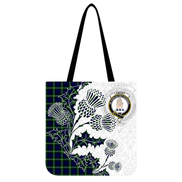 Scottish Lamont Clan Crest Tartan Tote Bag - Thistle Flowers Style Tartan Plaid 1