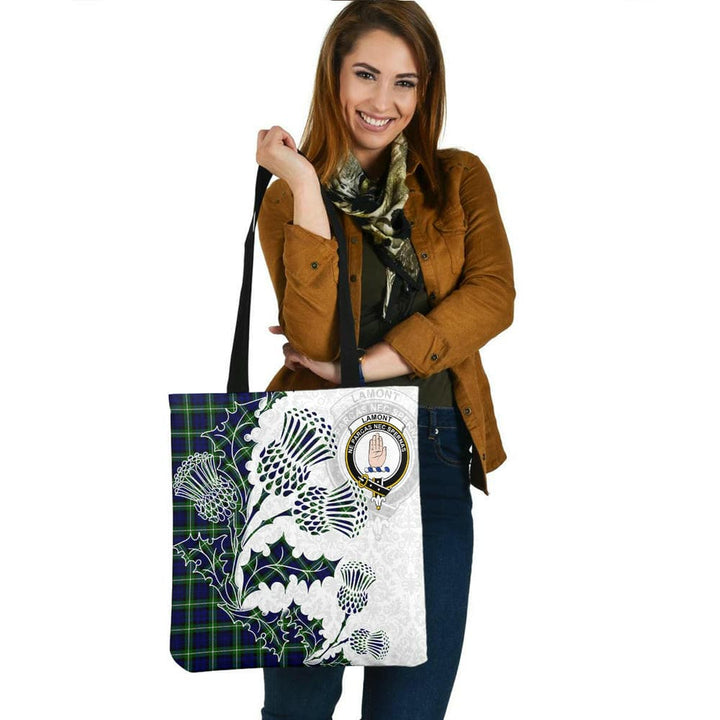 Scottish Lamont Clan Crest Tartan Tote Bag - Thistle Flowers Style Tartan Plaid 2