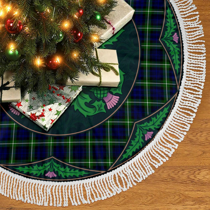 Scottish Lamont Modern Clan Tartan Christmas Tree Skirt Old Scottish Thistle Flower Tassels Tartan Plaid 2