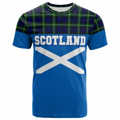 Scottish Lamont Modern Clan Tartan T-Shirt - Lion Rampant of Scotland With Flag Front Side Tartan Plaid