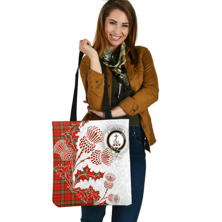 Scottish Langlands Clan Crest Tartan Tote Bag - Thistle Flowers Style Tartan Plaid 2