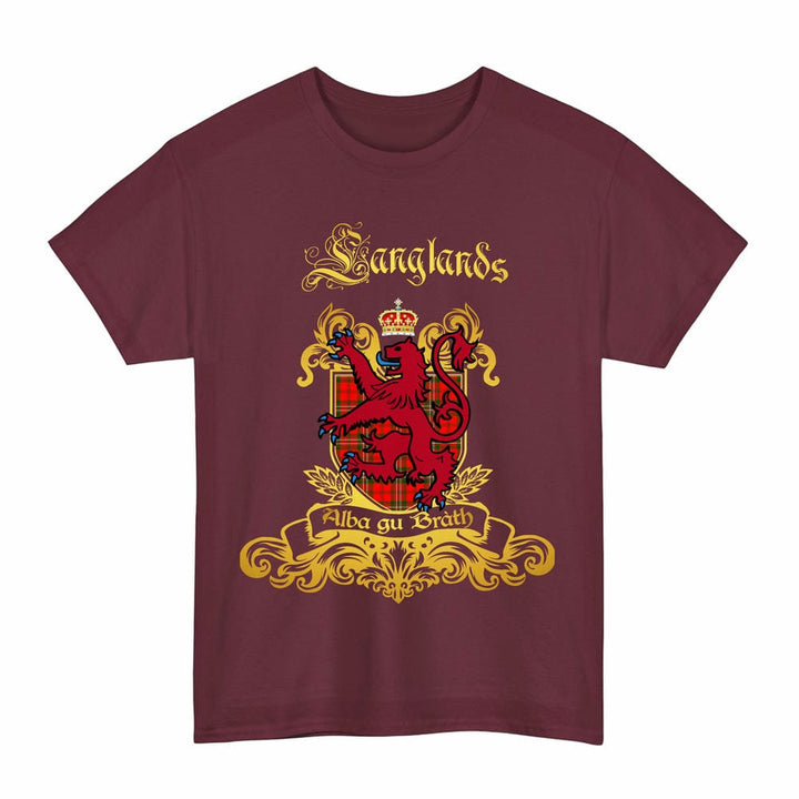 Scottish Langlands Clan Tartan Lion Rampant of Scotland T-Shirt Tartan Plaid Maroon Color