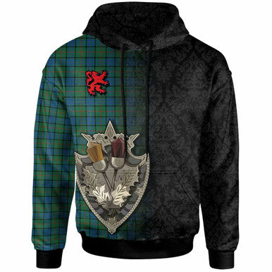 Scottish Lauder Clan Tartan Hoodie - Half Thistle Flowers Celtic Design Front Side Tartan Plaid