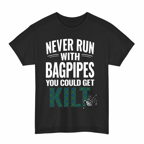 Scottish Lauder Clan Tartan Never Run With Bagpipes T-Shirt Tartan Plaid Black Color