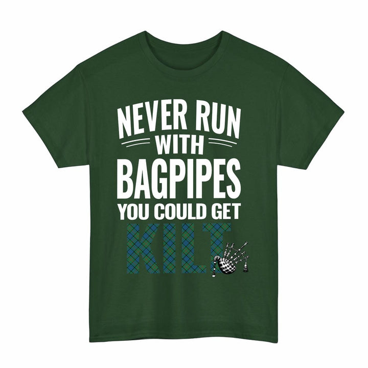 Scottish Lauder Clan Tartan Never Run With Bagpipes T-Shirt Tartan Plaid Forest Green Color