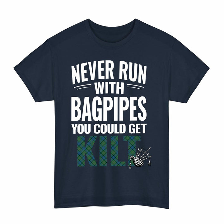 Scottish Lauder Clan Tartan Never Run With Bagpipes T-Shirt Tartan Plaid Navy Color