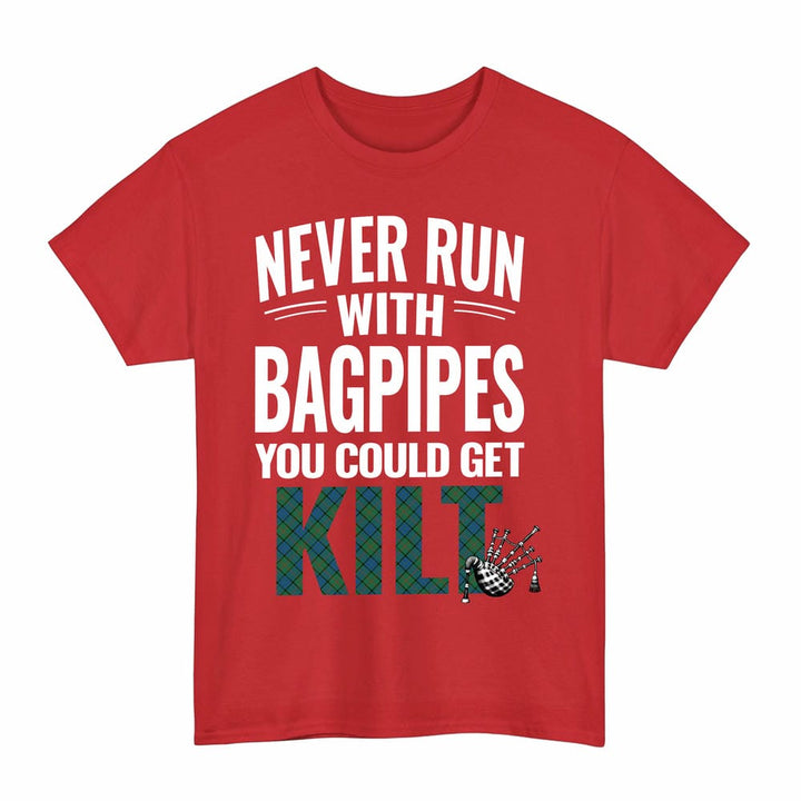 Scottish Lauder Clan Tartan Never Run With Bagpipes T-Shirt Tartan Plaid Red Color