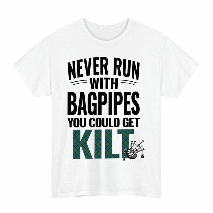 Scottish Lauder Clan Tartan Never Run With Bagpipes T-Shirt Tartan Plaid White Color