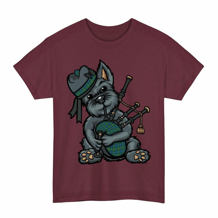 Scottish Lauder Clan Tartan Terrier Bagpipes T-Shirt Tartan Plaid Maroon Color