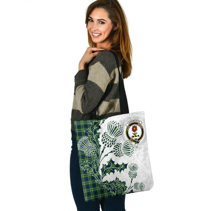 Scottish Learmonth Clan Crest Tartan Tote Bag - Thistle Flowers Style Tartan Plaid 3