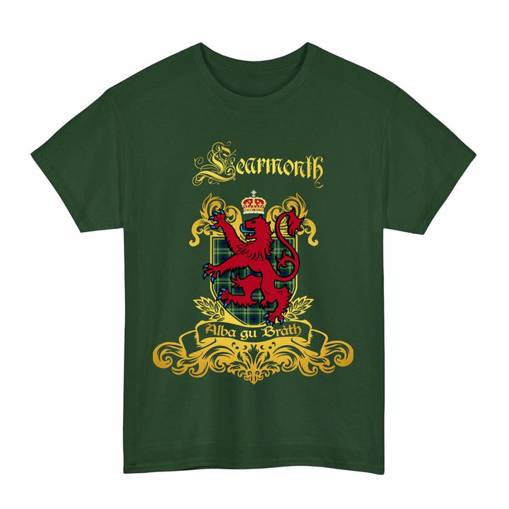 Scottish Learmonth Clan Tartan Lion Rampant of Scotland T-Shirt Tartan Plaid Forest Green Color