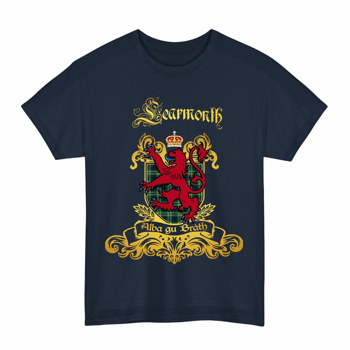 Scottish Learmonth Clan Tartan Lion Rampant of Scotland T-Shirt Tartan Plaid Navy Color