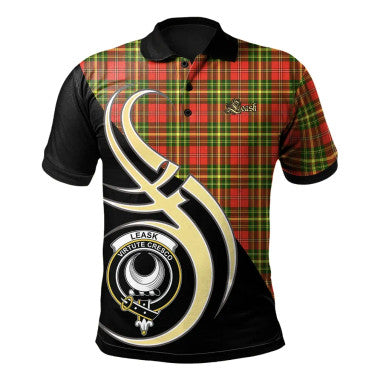 Scottish Leask Clan Crest Tartan Polo Shirt Believe in Me Front Side Tartan Plaid