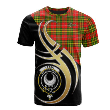 Scottish Leask Clan Crest Tartan T-Shirt Believe in Me Front Side Tartan Plaid